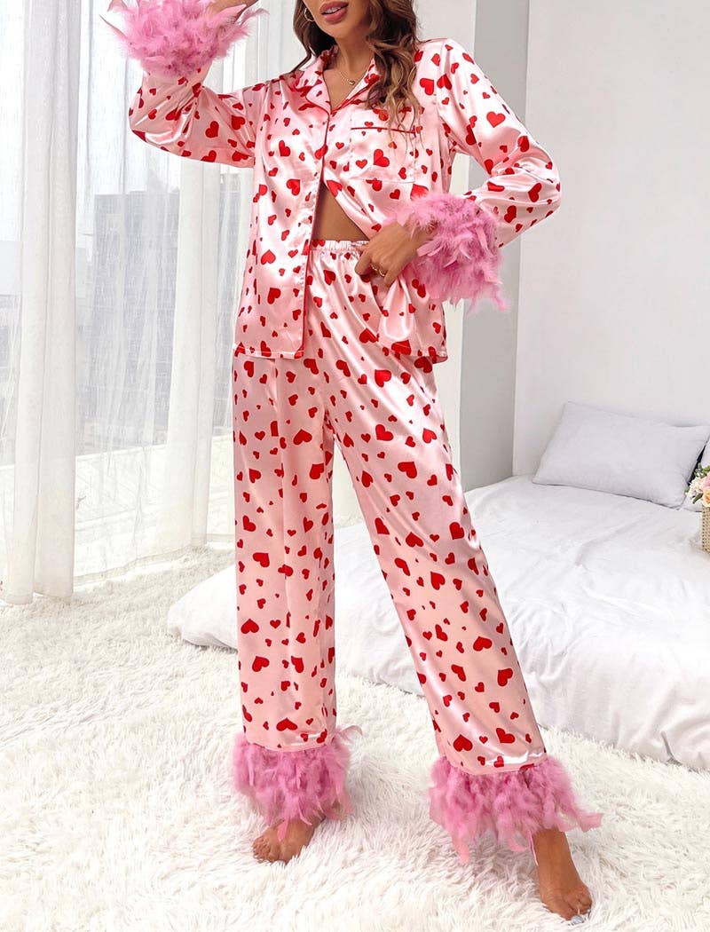 PINK Feather Trim Heart Print Top and Pants Set for wholesale on Faire