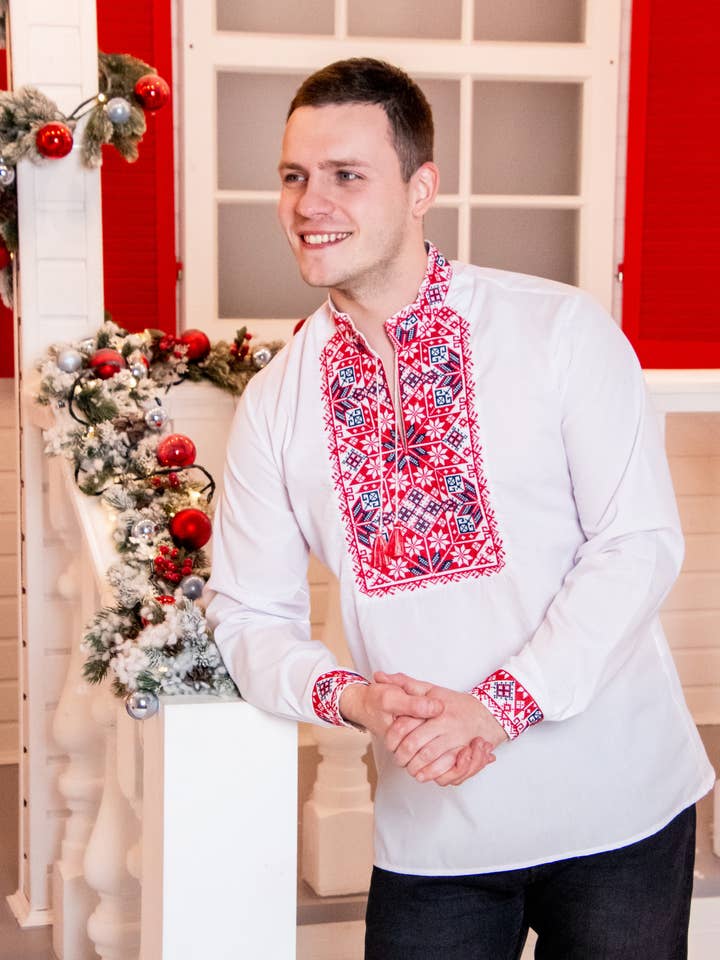 Camisa de hombre bordada Zhytteslav blanco y rojo para venta al por mayor de Galychanka