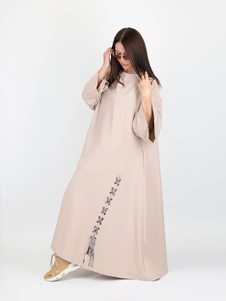 Long Beige Dress with pocket SAVINA for wholesale by EUG fashion