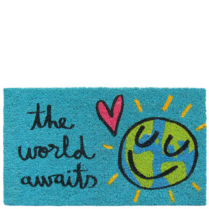 Doormat “The World Awaits” blue for wholesale by Laroom