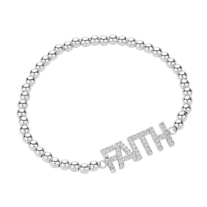 Stainless Steel Stone Paved FAITH Message Stretch Bracelet for wholesale by Madeline Love