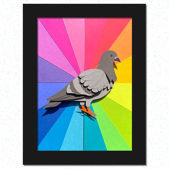NYC Pigeon! (rainbow) Framed, Handmade Paper Art Piece for wholesale by Paper for the People