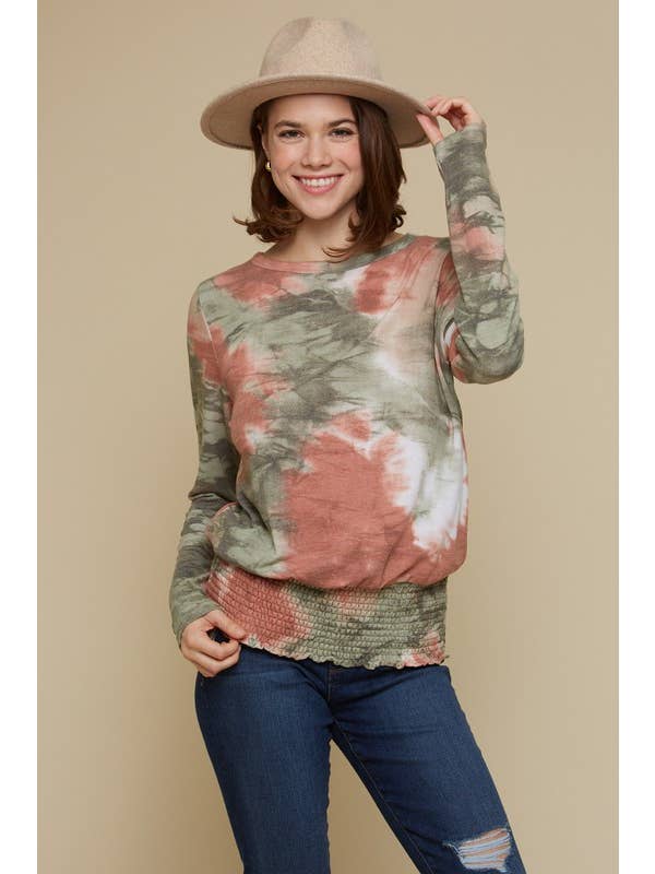 Rust Olive Smoked Tie Dye Top With Back Cut Out - 14536T for wholesale on Faire4