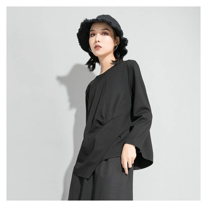 BLACK Solid Color Irregular Long Sleeve T-Shirt for wholesale on Faire1