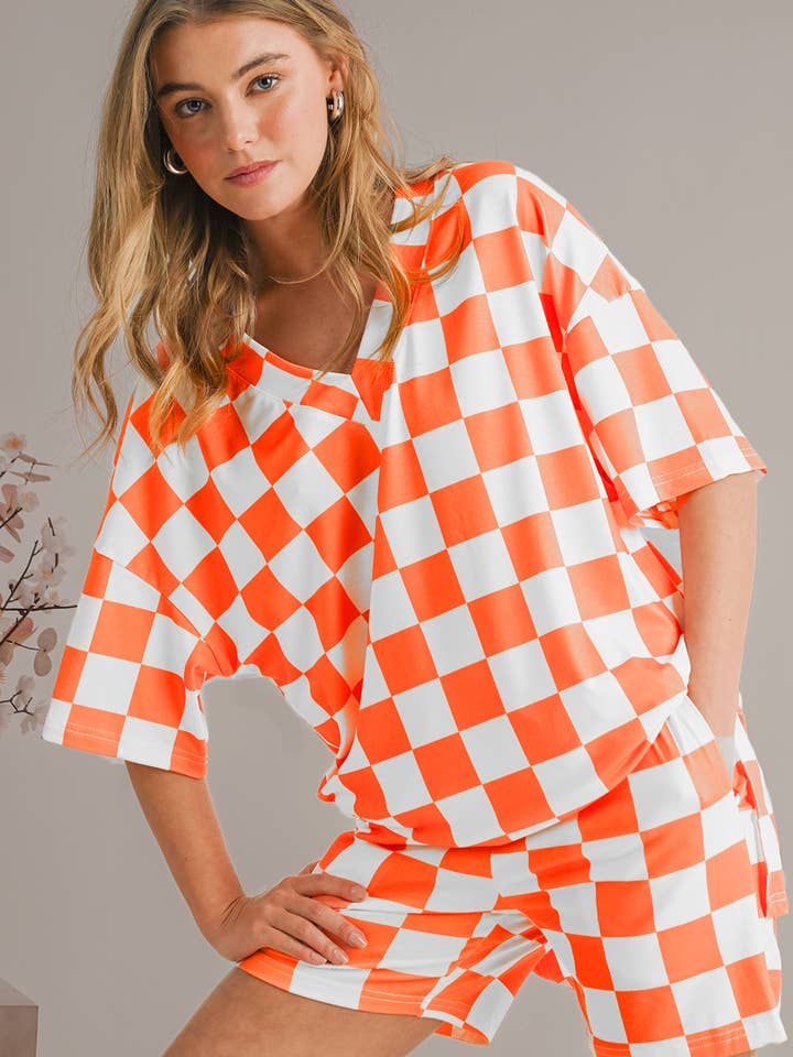 Checkered Print V Neck Top & Shorts Lounge Set | S-XL for wholesale by Aapparella