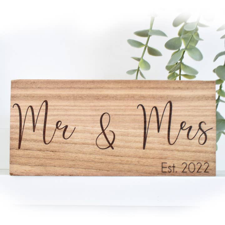 Mr & Mrs Est 2022 Wooden Block. Freestanding Plaque. Wedding for wholesale by Amaya Rose Ltd.
