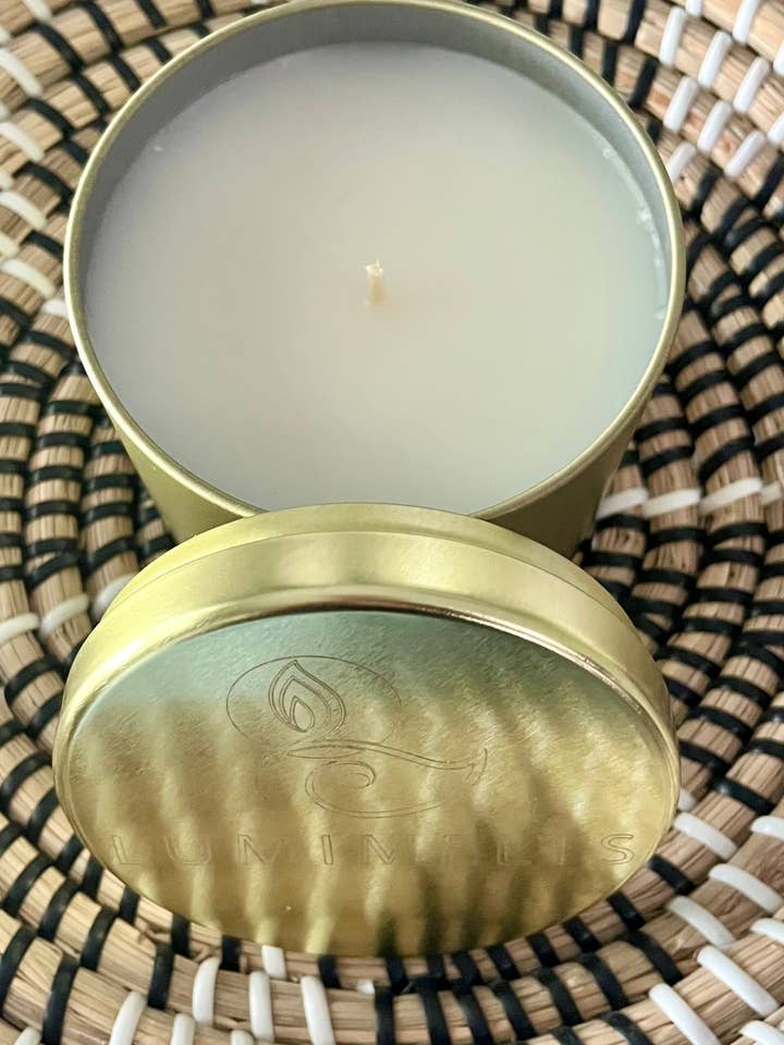 Harvest & Hearth 12oz Gold Tin Candle Collection for wholesale by LumiMelts