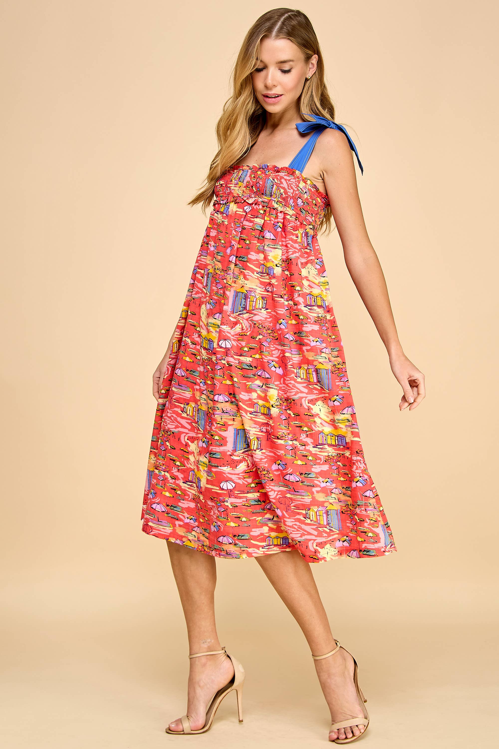 Red CD05123-Abstract Print Smocked Bodice midi Dress for wholesale on Faire3