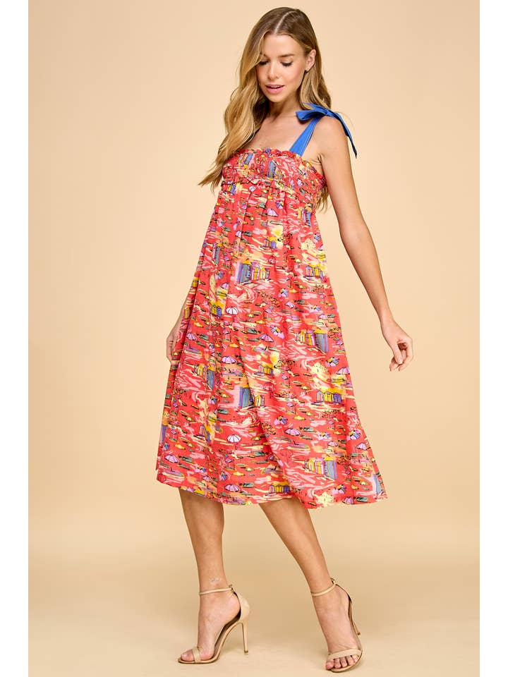 Red CD05123-Abstract Print Smocked Bodice midi Dress for wholesale on Faire3