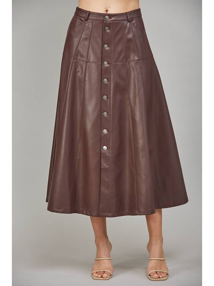 FATE - Wholesale Skirt - Women's - FAUX LEATHER BUTTON FRONT A-LINE MIDI SKIRT FS550295