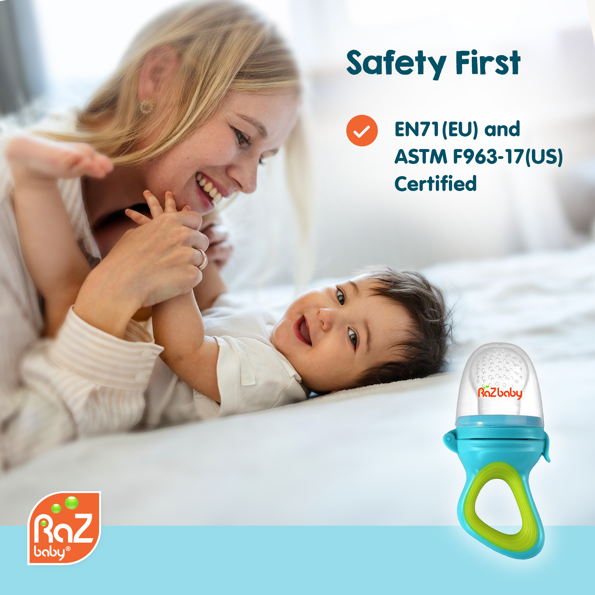 RaZbaby - Wholesale Teether (Not Clip-On) - Baby - RaZ Fruit Feeder & Teether - Green & Blue8