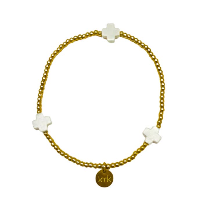2.5mm Gold Bead & White Cross Stretch Bracelet for wholesale by Kiss Me Kate Jewelry