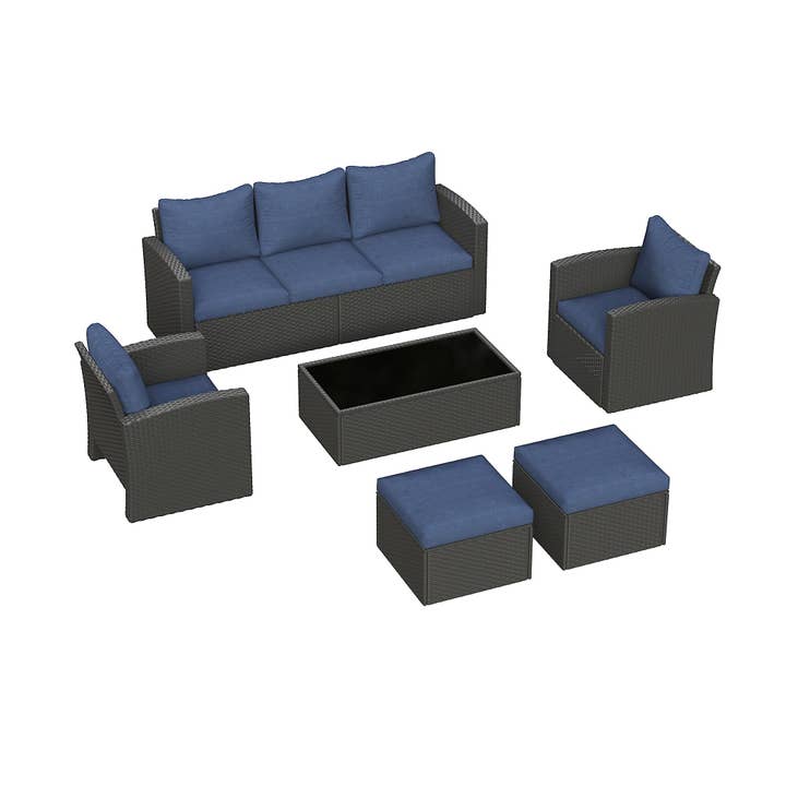 Blue 6 Pcs PE Rattan Outdoor Furniture with Table and Ottomans for wholesale on Faire