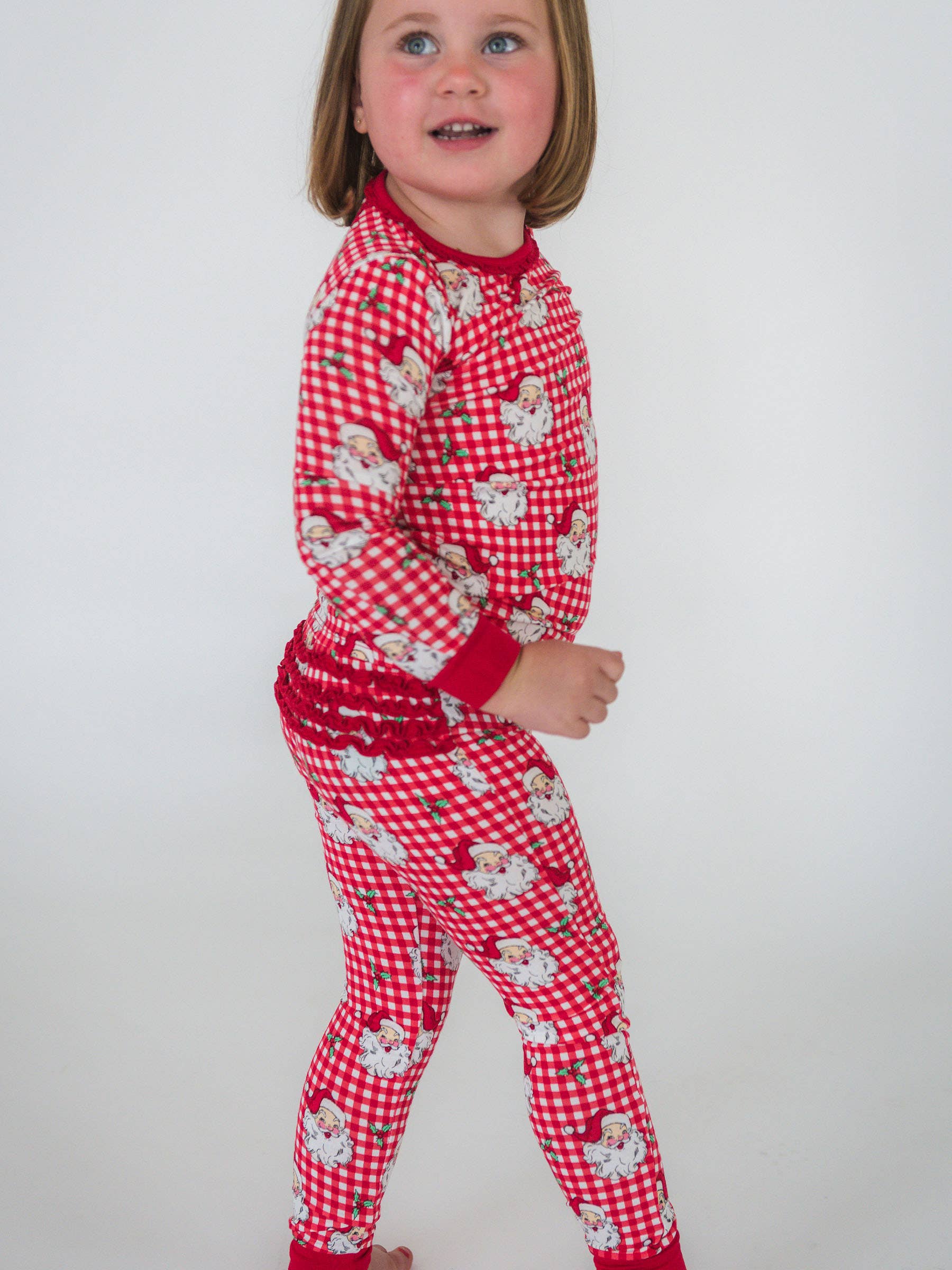 SoftSnooze™ Toddler Girls Bamboo Viscose Red Dear Santa Ruffle Long Sleeve Pajama Set with Signature Rear Ruffles for wholesale on Faire7