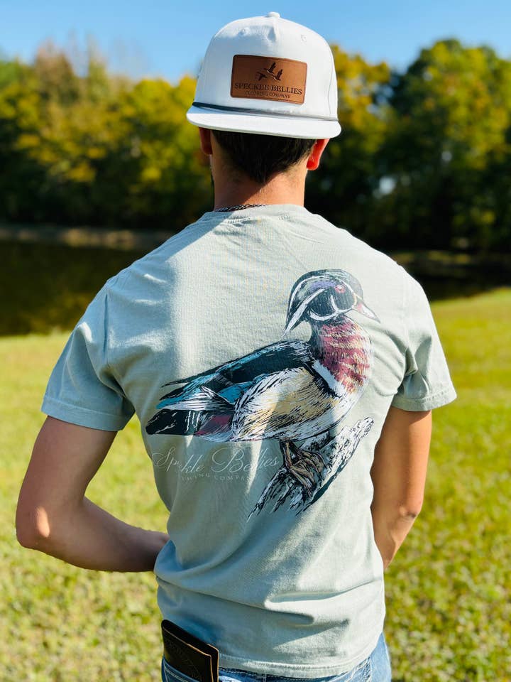 Wood Duck Pocket Tee for wholesale by Speckle Bellies Clothing Company