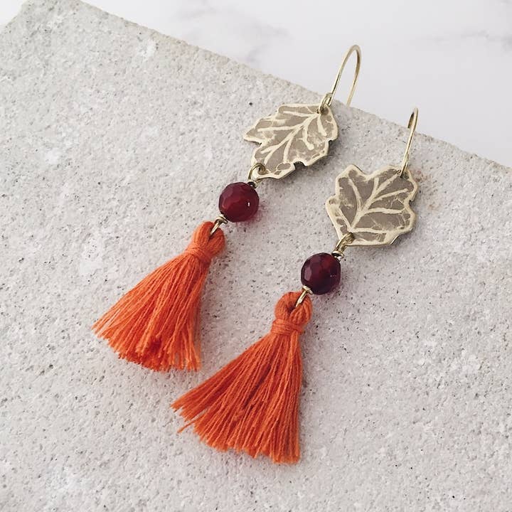 Sycamore Leaf Tassel Earrings, Carnelian, orange tassels for wholesale by PetiteFraise Jewelry