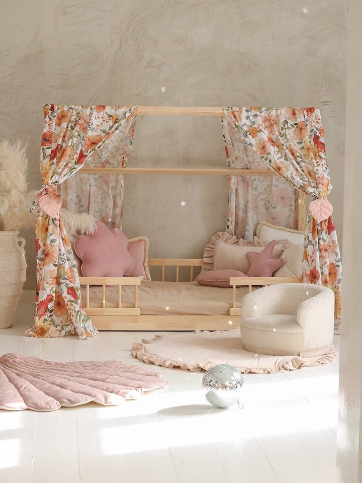 Canopy with print over the bed, House Bed Cotton Curtains, Montessori Kids Bed Tent, Toddler Bed decor, Reading Nook personalized Bed Canopy for wholesale by Moi Mili