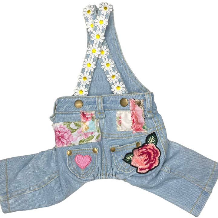 Patchwork-overalls met bloemen voor wholesale door Heads or Tails Pup