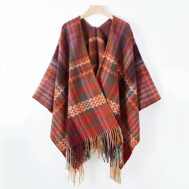 Rosa Clothing - Wholesale Kimono - Women's - Bohemia Western Ethnic plaid tassel kimono Thermal Cape0