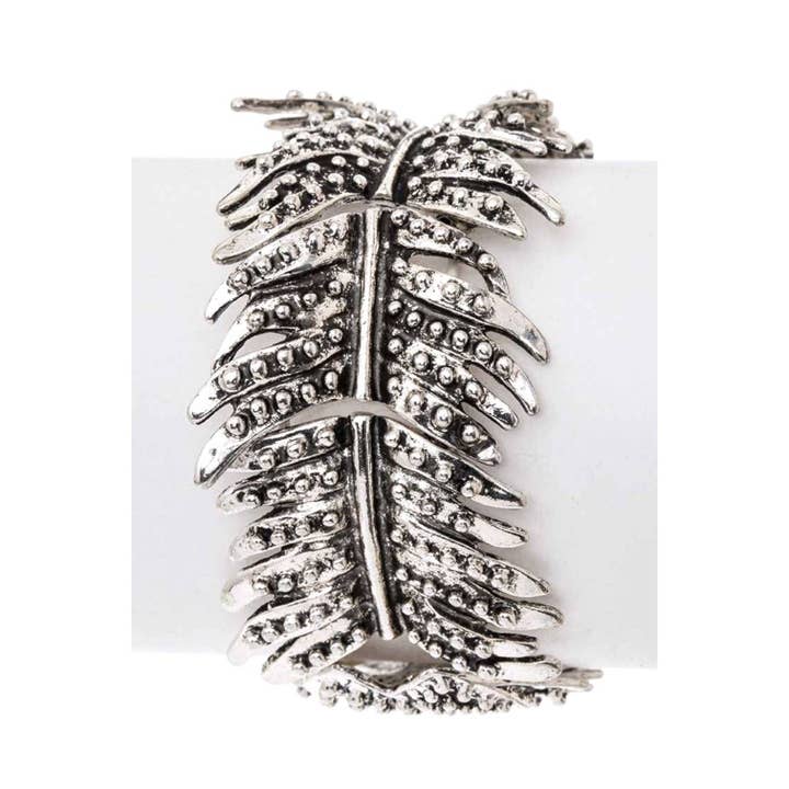 Silver Textured Peacock Feather Stretch Bracelet for wholesale on Faire1