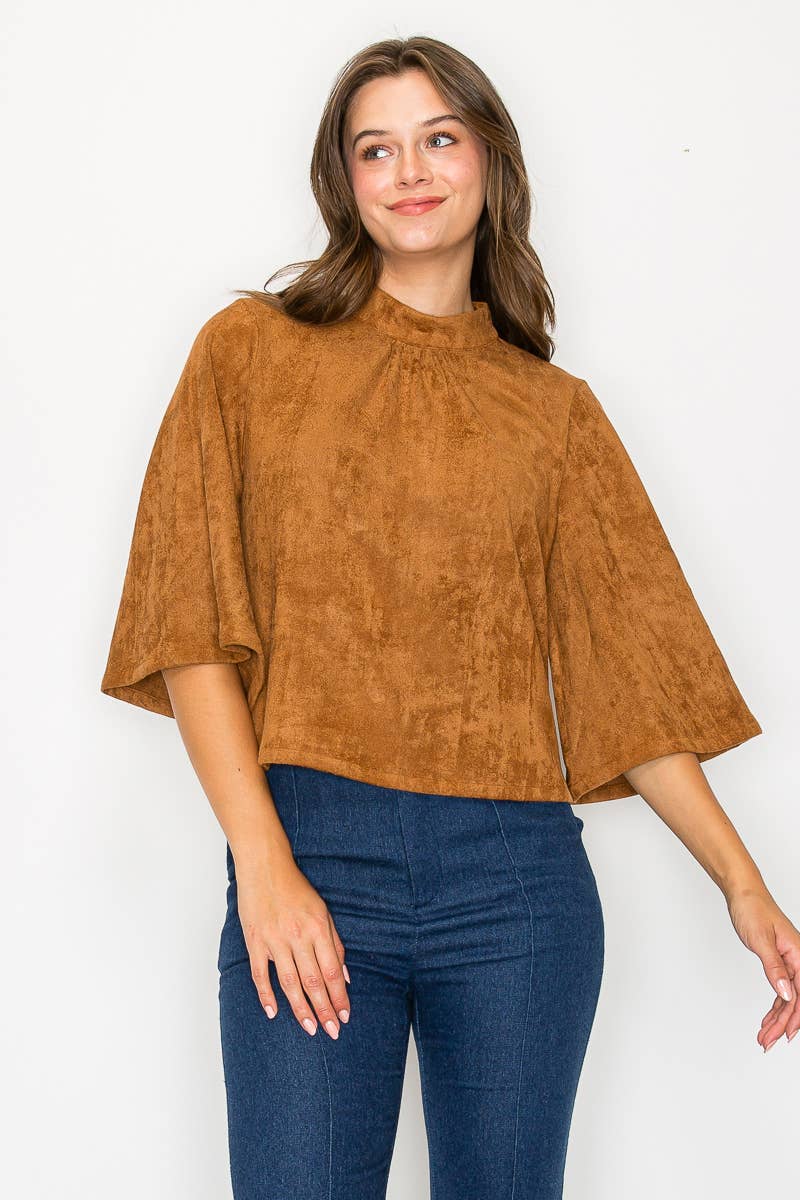 LoveWednesday - Wholesale Blouse - Women's - Bell sleeve camel suede top  - LWT1802 0