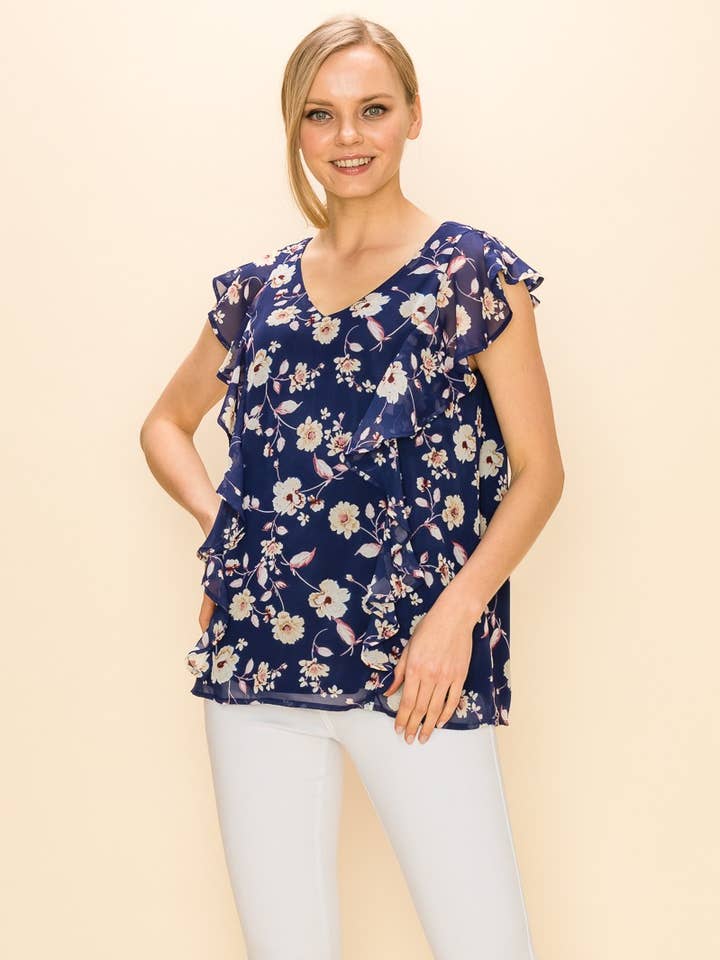 SP2919T-0819 - CHEMISIER FLEURI SANS MANCHES À COL EN V POUR FEMME pour la vente par Shopin LA