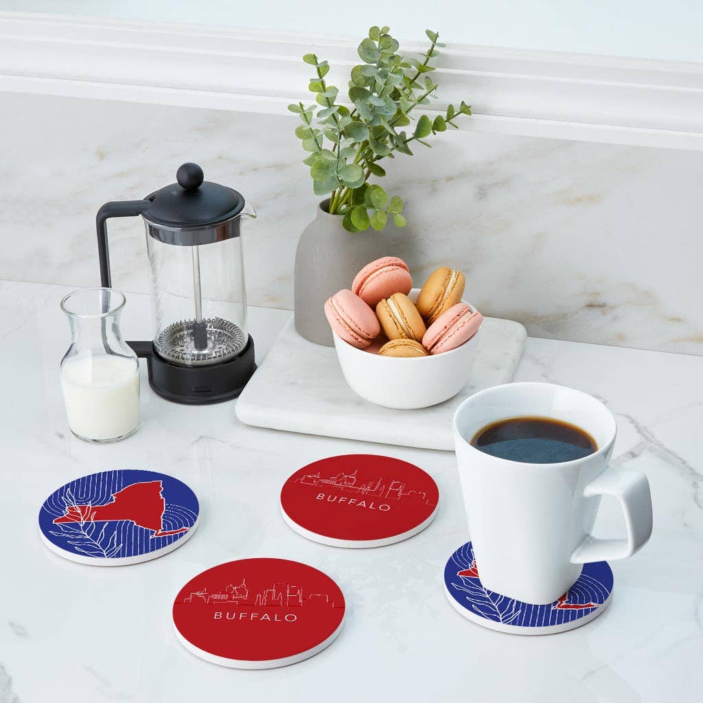 Love Local - Wholesale Coasters - Red White And Blue New York State Buffalo Skyline | Absorbent Coasters | Set of 4 | Min 23