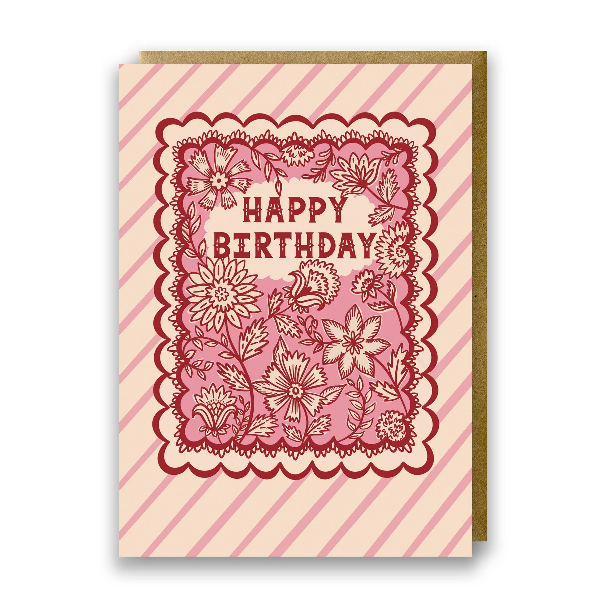 Jessie Maeve Studio - Wholesale Birthday Card - Indian Floral Pink Birthday Card - Stripe & Floral Design0