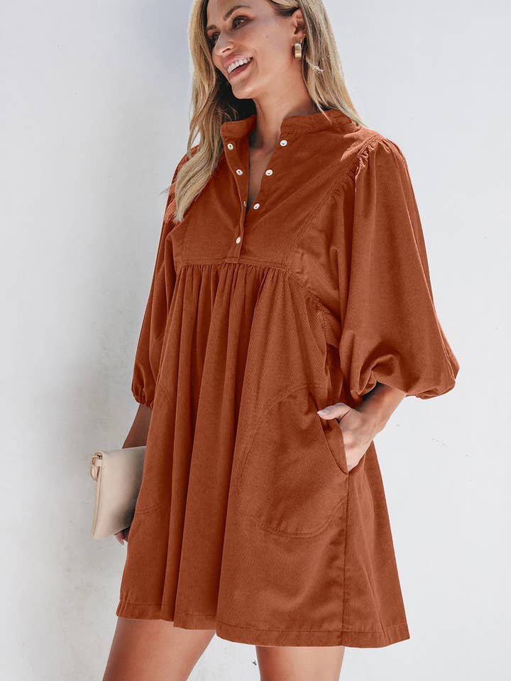 Gold Flame Corduroy Empire Waist Bracelet Sleeve Dress for wholesale on Faire9