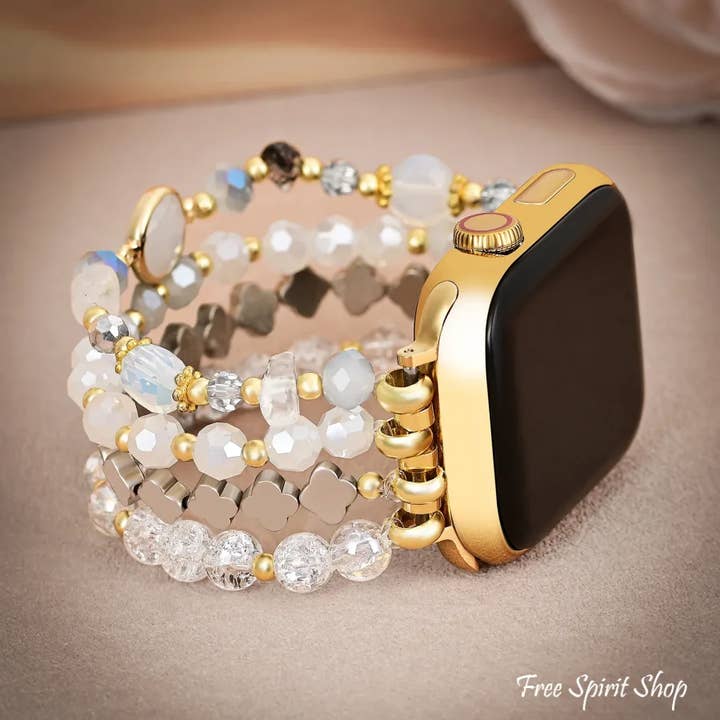 White Crystal Glow Beaded Apple Watch Band for wholesale by Free Spirit Shop