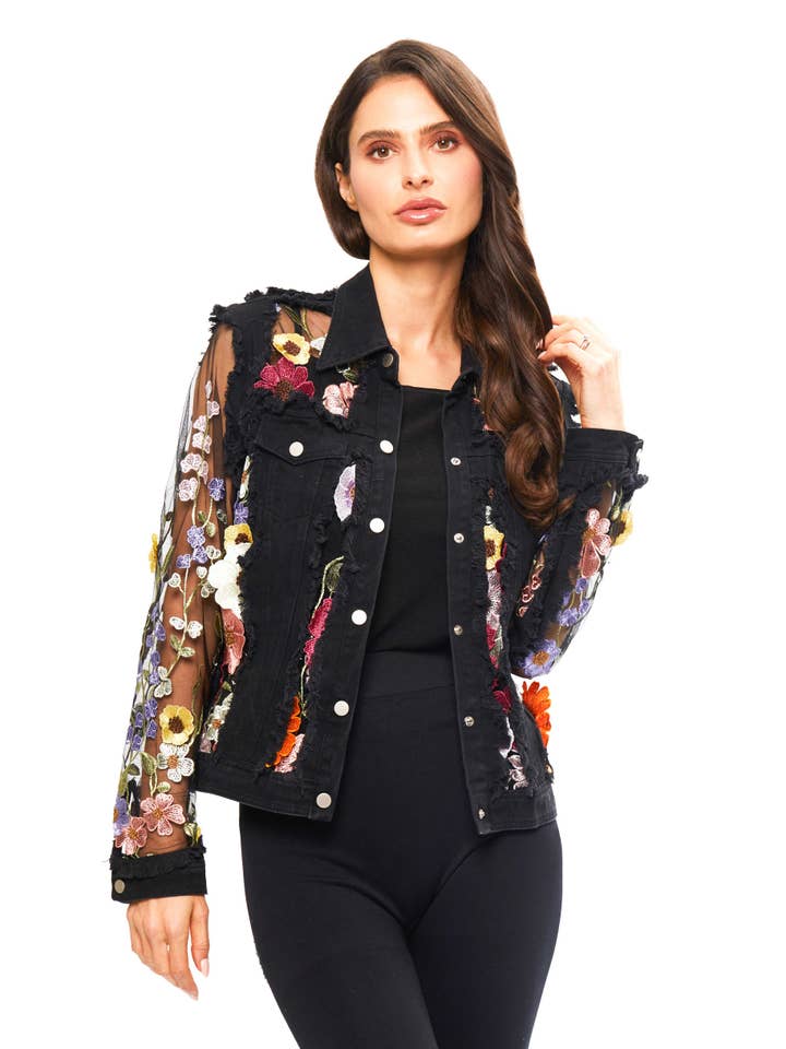 2406B Black Denim Lace Jacket with Floral Embroidery for wholesale on Faire6