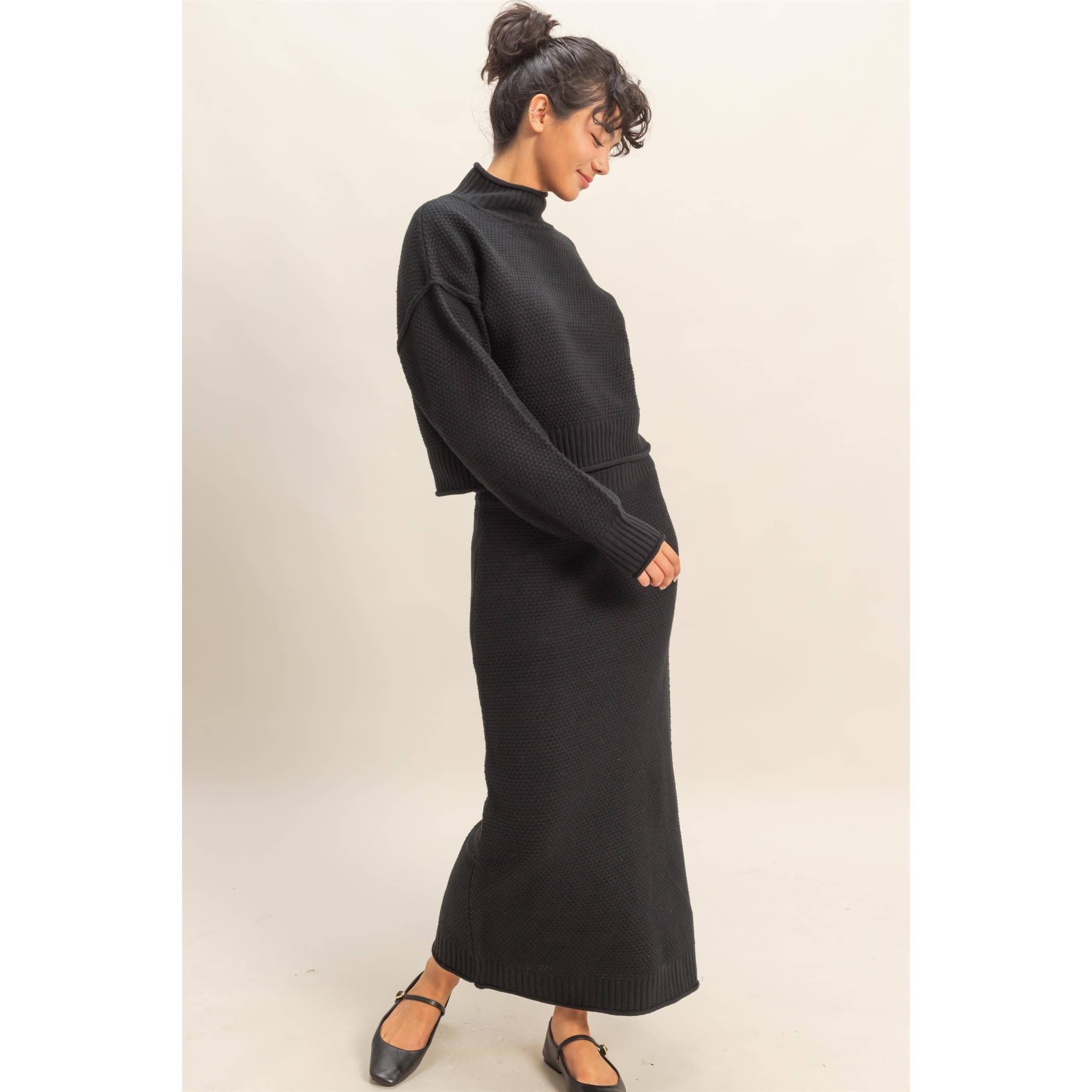 Double Zero - Wholesale Top & Skirt Set - Women's - Textured High Neck Sweater & Skirt Set31