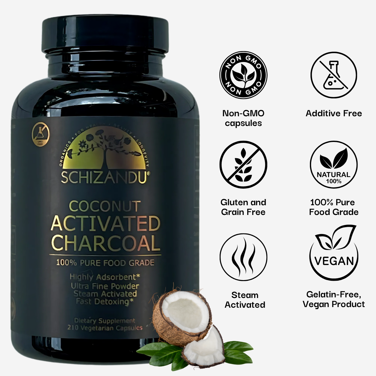 Schizandu Organics - Vente Supplément oral/vitamine - Gélules de charbon actif de noix de coco biologique 100 % qualité alimentaire1