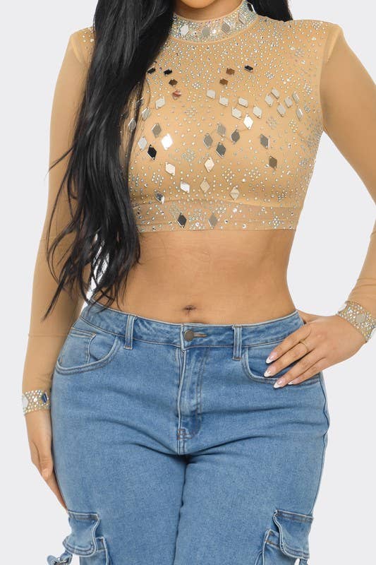 BANJUL - Vendita all'ingrosso Camicetta - Donna - BTS12881   Top Corto a Rete con Strass a Specchio Lucido5