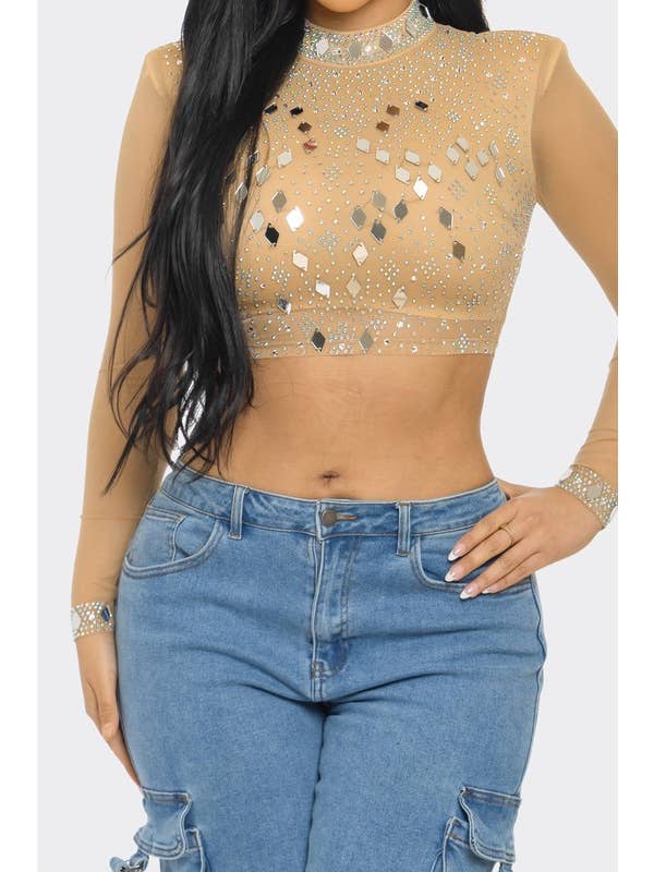 BANJUL - Vendita all'ingrosso Camicetta - Donna - BTS12881 Top Corto a Rete con Strass a Specchio Lucido5