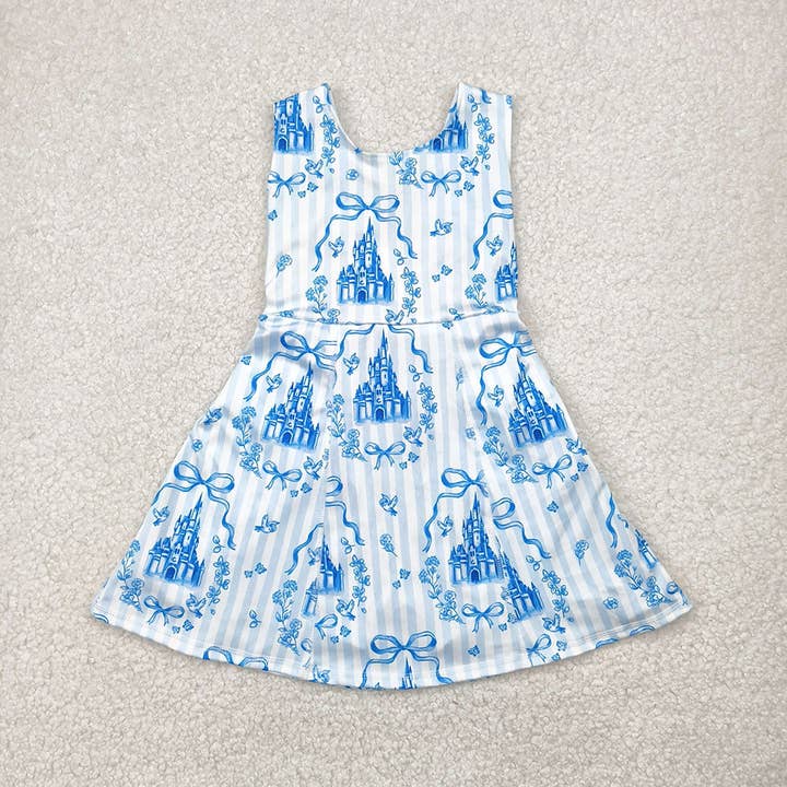 Aier Wholesale - Wholesale Dress - Kids - Baby Girls Blue Castles Yoga Skort Knee Length Dresses