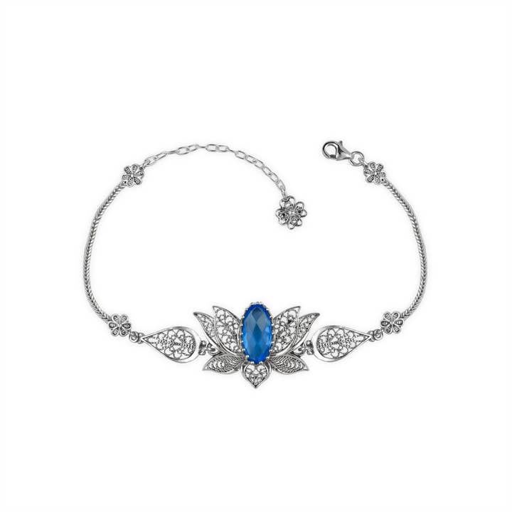 Filigranist Jewelry - Wholesale Link & Chain Bracelet - Multi Gemstone Women Silver Lotus Flower Link Bracelet2
