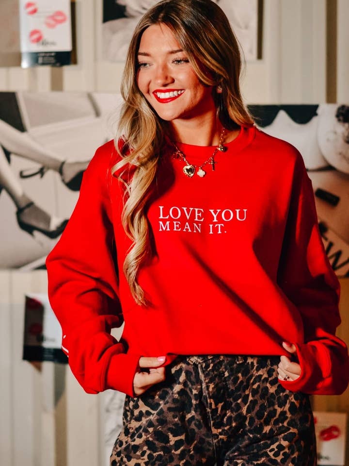 Love You Mean It Red Sweatshirt for wholesale by Southern Bliss Co.