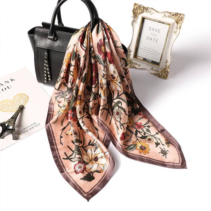 AK Brand - Wholesale Scarf - Women's - Satin Floral Print Square Scarf with Elegant Vintage Inspire4