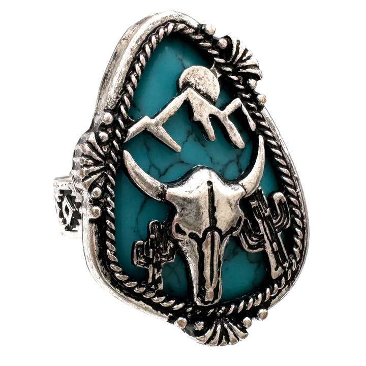 Longhorn Skull Turquoise Stone Western Native Stretch Ring for wholesale by Lunar Deer