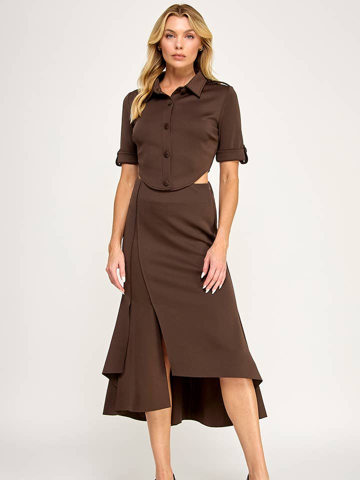 Button-Up Crop Top & Asymmetrical Midi Skirt Set for wholesale by Genzy Clothing