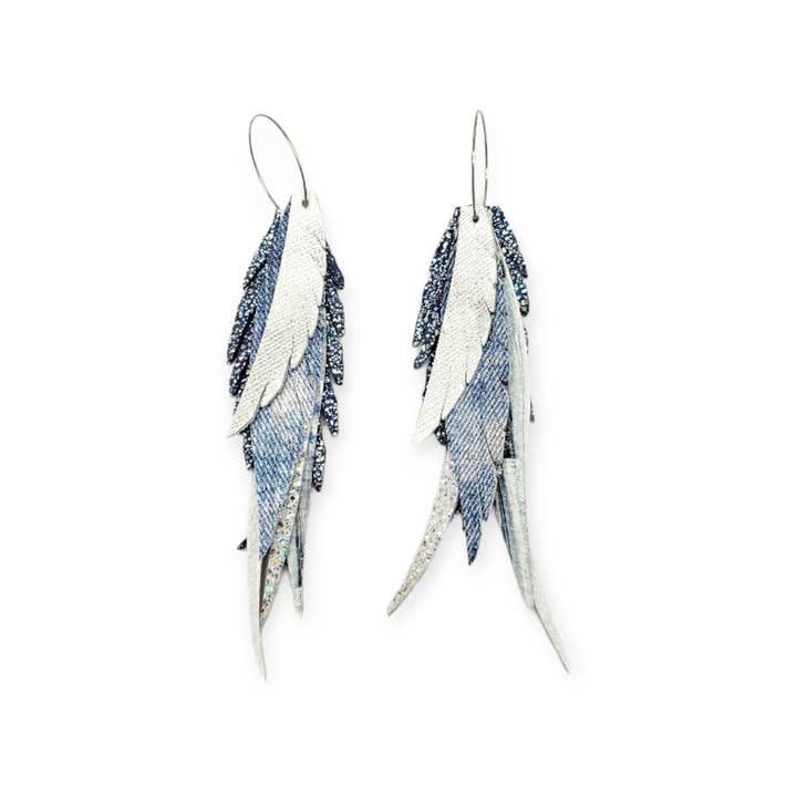 Interchangeable Blue Leather Feather Earrings for wholesale by White Shed Creations