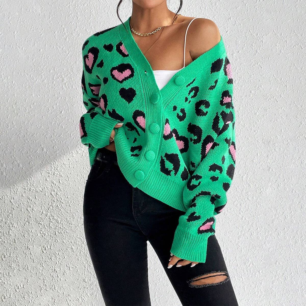 Green Women's V-neck Jacquard Knit Cardigan Sweater Coat for wholesale on Faire4