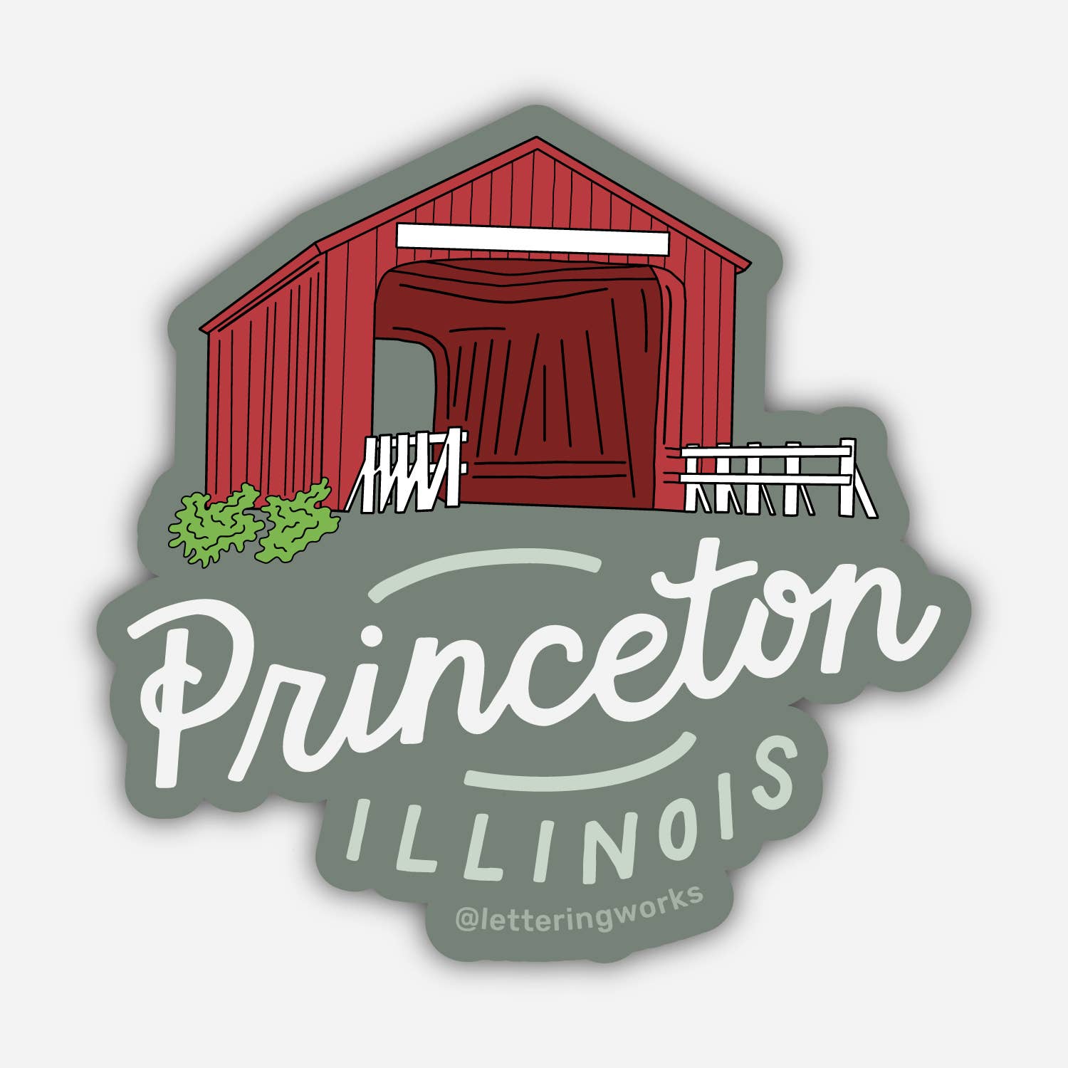 Lettering Works - Wholesale Sticker - Princeton, Illinois Red Covered Bridge Sticker0