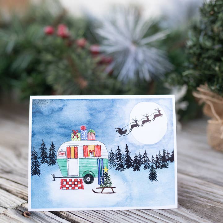 CARTE RV JAMBOREE - Teardrop en forme de traîneau du père Noël pour la vente par Watercolor Whimsy