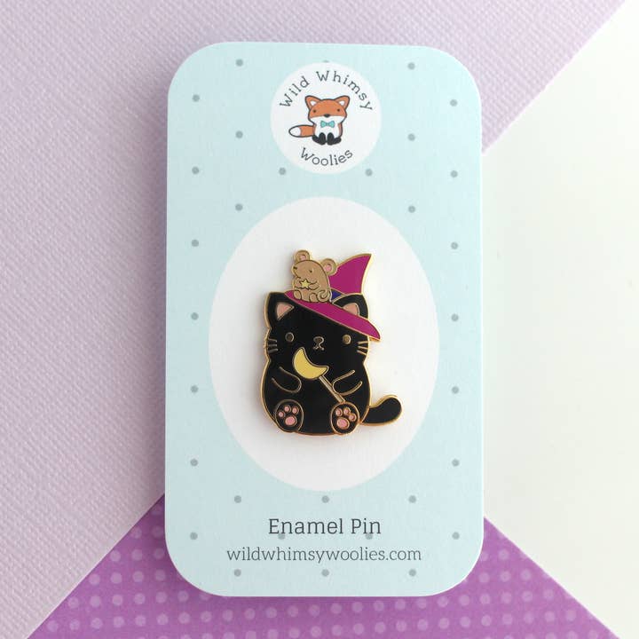 Wild Whimsy Woolies - Wholesale Lapel Pin/Button - Halloween Black Cat Pin. Witch Cat Enamel Pin1