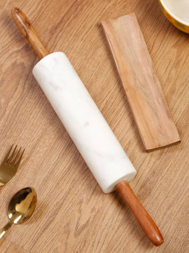 White Marble Rolling Pin with wooden stand for wholesale by Urban Adorn