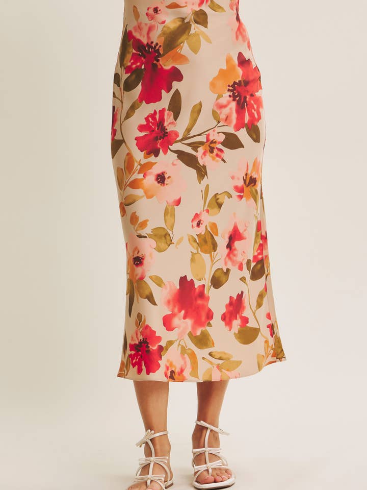 DRAPES SMOOTHLY SOFT FLORAL SATIN BIAS CUT MIDI SKIRT for wholesale by in february