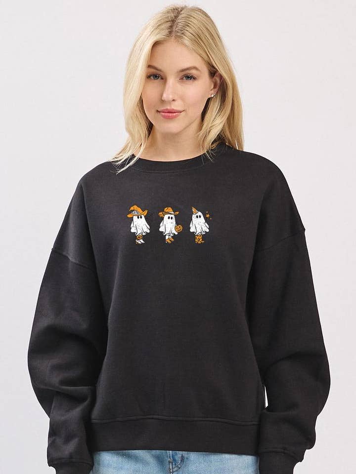 Halloween Ghost Trio Graphic L/S Relaxed Fleece Sweatshirts for wholesale by Zutter