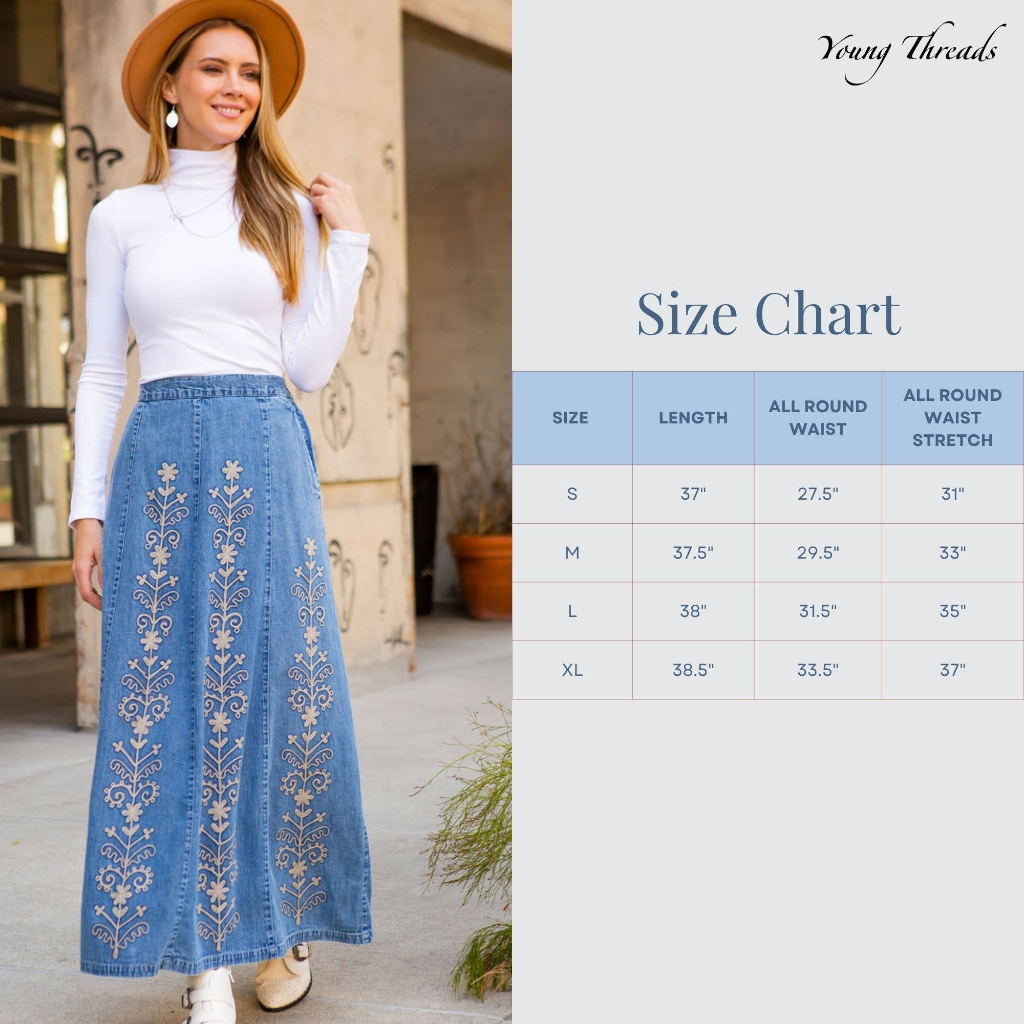 Young Threads - Wholesale Skirt - Women's - Artisan Floral Embroidered Denim Maxi Skirt (NEW)4